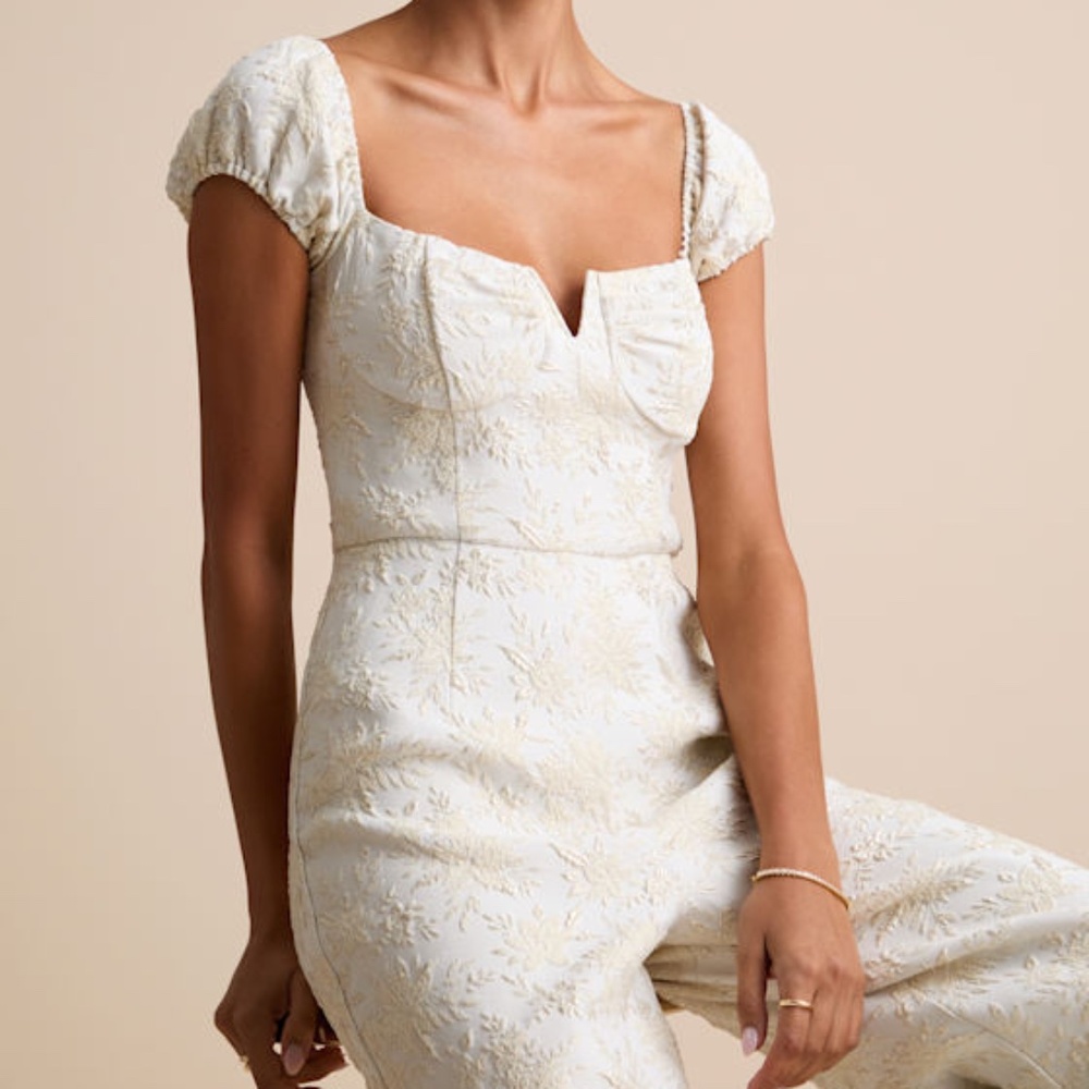 Lulus New Glam Cream Floral Jacquard Bustier Off-the-shoulder Jumpsuit White